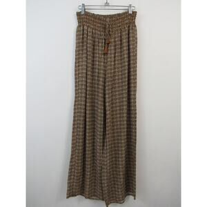 One5One Size Large Flowy Pants Wide Leg Brown Gold Geometric Pattern Boho Rayon